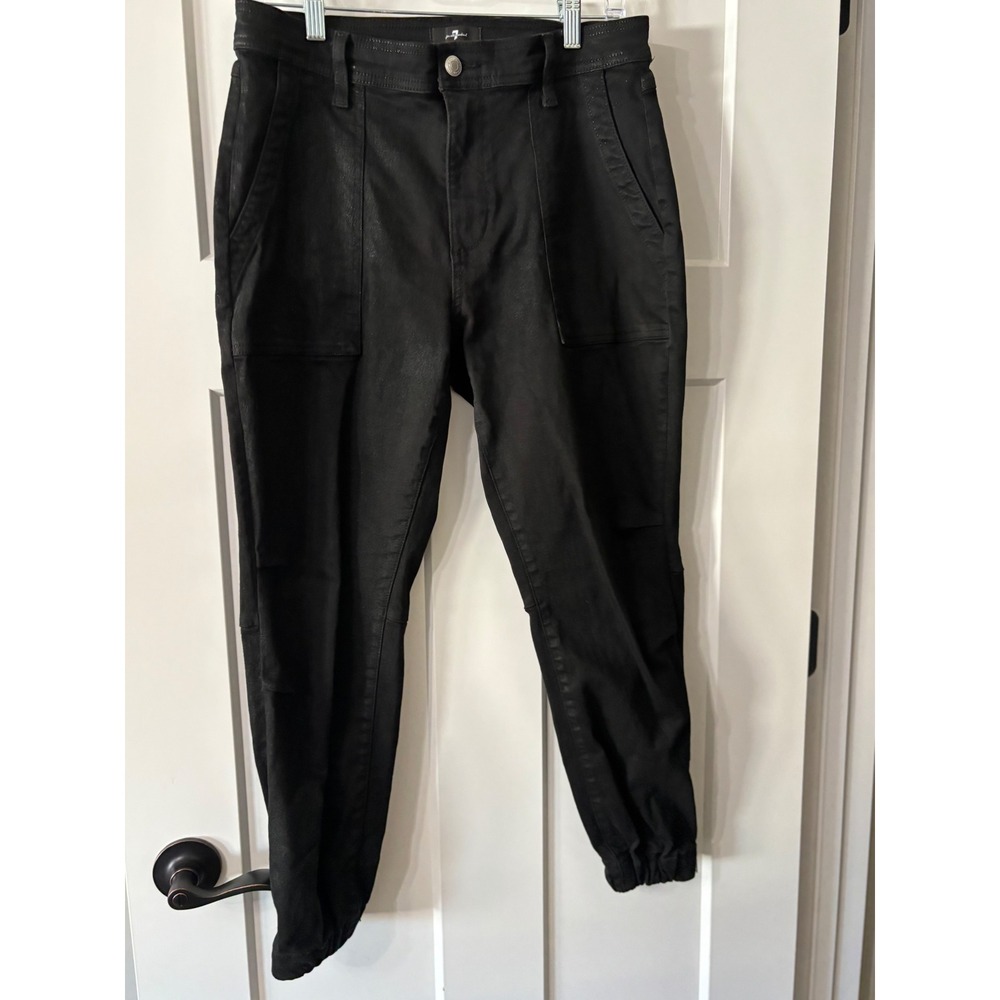 7 For All Mankind Darted Coated Black Denim Joggers High Rise SZ 29